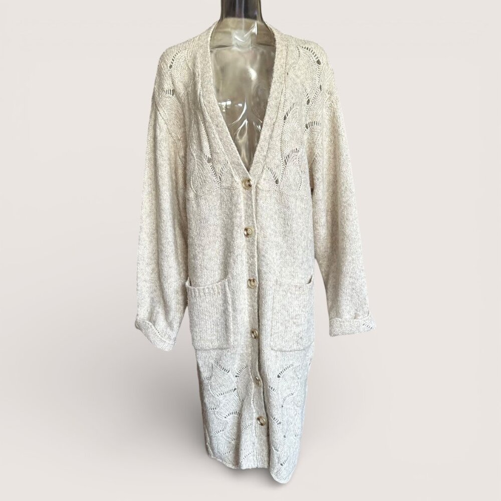 CARLY JEAN LOS ANGELES CJLA Ivory Duster Button Cardigan Sweater L New - Picture 2 of 8